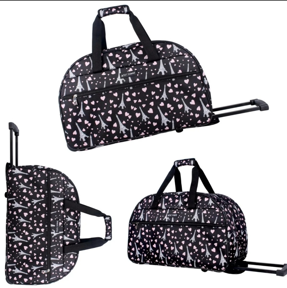 NEW Betsey Johnson | black pink printed rolling weekender bag paris wheeled